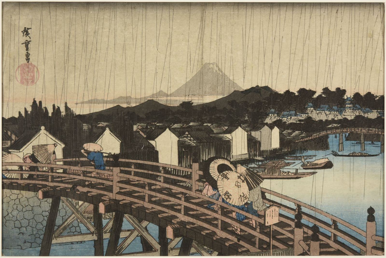 Averse soudaine au pont Nihonbashi (titre attribué) ; Série "Lieux fameux de la capitale de l’Est" ; Village sous la pluie vu d'un pont de bois (ancien titre attribué), Hiroshige Utagawa