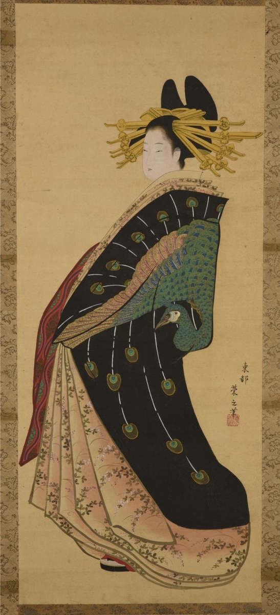 Courtisane avec kimono au paon (titre attribué) ; Jeune femme (ancien titre attribué), Eishi Chobunsai, 18e siècle