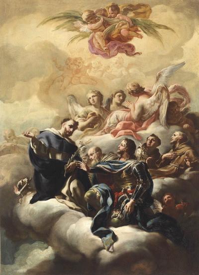 Saint Dominique, saint Louis, saint Antoine de Padoue et saint François d'Assise ; Saints dans les nuées ; Chevalier reçu au ciel par un religieux (ancien titre), Corrado Giaquinto, 1731,1733