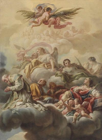 Saint Antoine de Padoue, saint Pierre et sainte Catherine dans les nuées ; Saints et saintes dans les nuées (autre titre), Corrado Giaquinto, 1731,1733