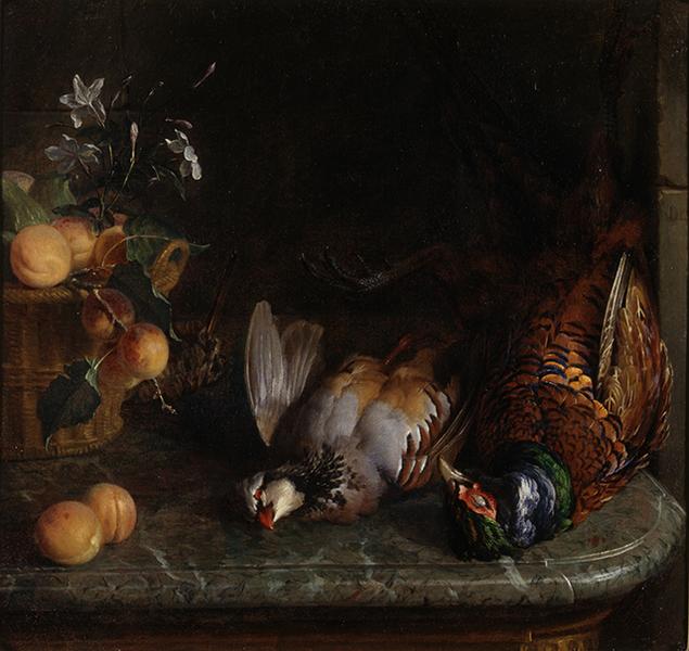 Gibier sur une table de marbre avec des fleurs et des fruits, François Desportes, 1709 avant