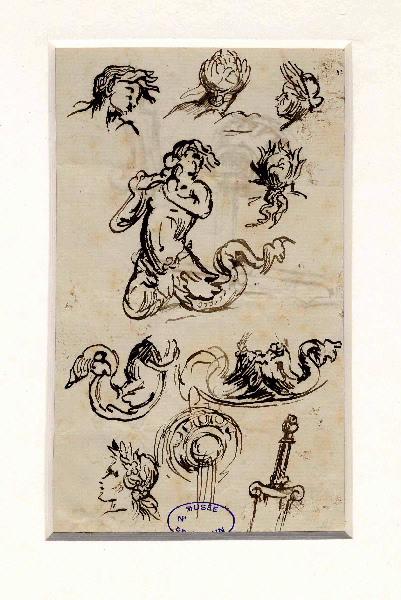 Esquisse pour le Triton, fontaine Rothschild ; Eléments d'ornementation (au verso), Henri Chapu, 2e moitié 19e siècle