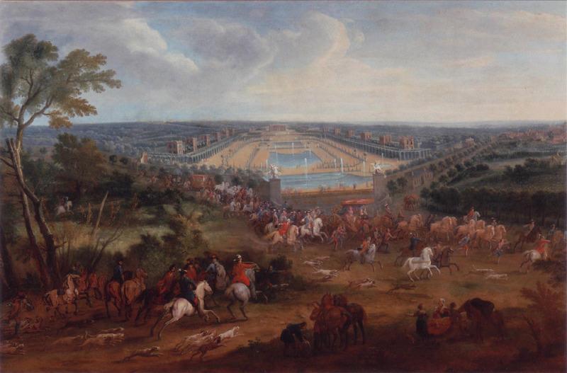 Départ de chasse du château de Marly ; Louis XIV et sa cour devant la grande pièce d'eau de Marly_0