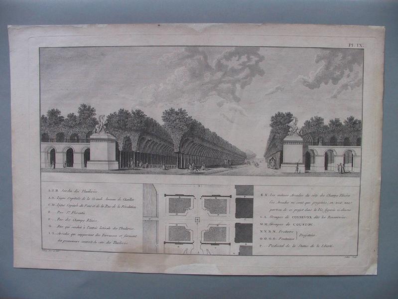 Projet d'aménagement de la place de la Concorde avec les chevaux de Marly ; Plan de la place de la Concorde. Vue des champs-Elysées (avec la place des groupes de Coysevox et de Coustou), J F L Grobert, 1796