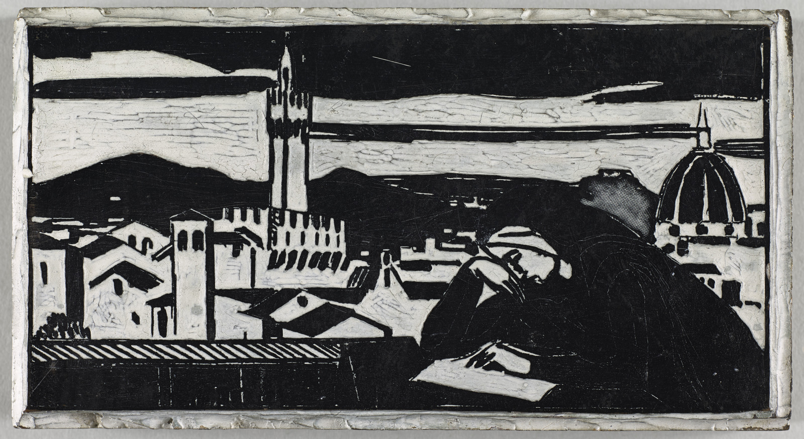Dante devant un paysage de Florence (bois d’impression pour l’illustration de «Vita Nova» de Dante) ; Dante devant un paysage de Florence (bois pour "Vita Nova") (titre du registre d'inventaire)_0