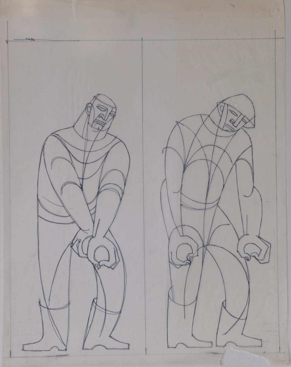 [Deux ouvriers aux poings serrés], Robert Lesbounit, 1958 (vers)
