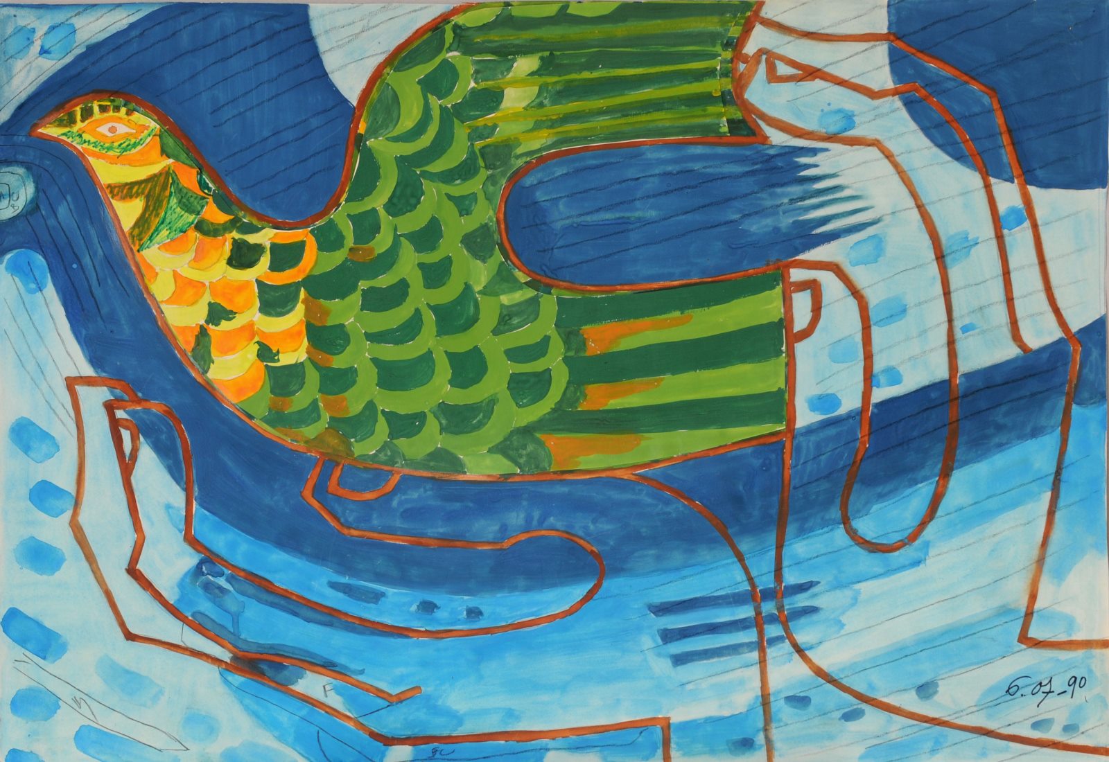 [Oiseau tenu entre deux mains], Robert Lesbounit, 1990
