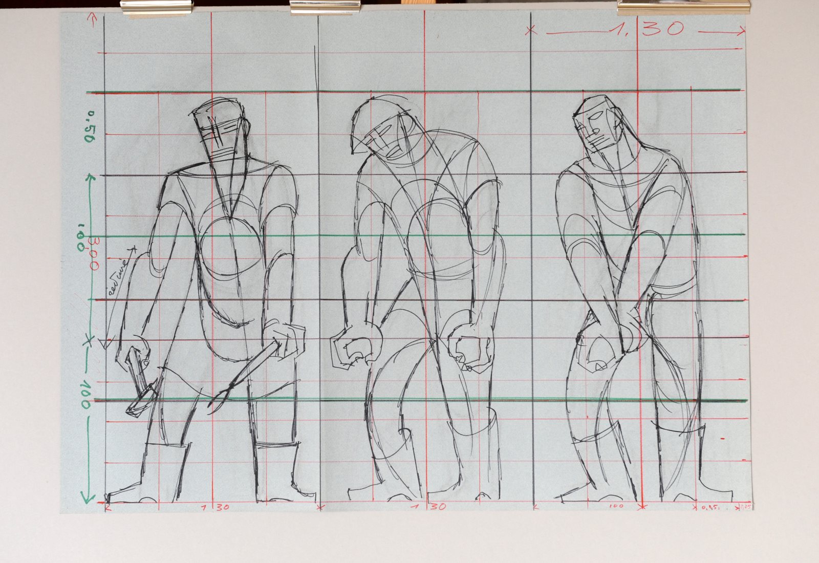 [Trois ouvriers sur fond quadrillé ], Robert Lesbounit, 1958 (vers)