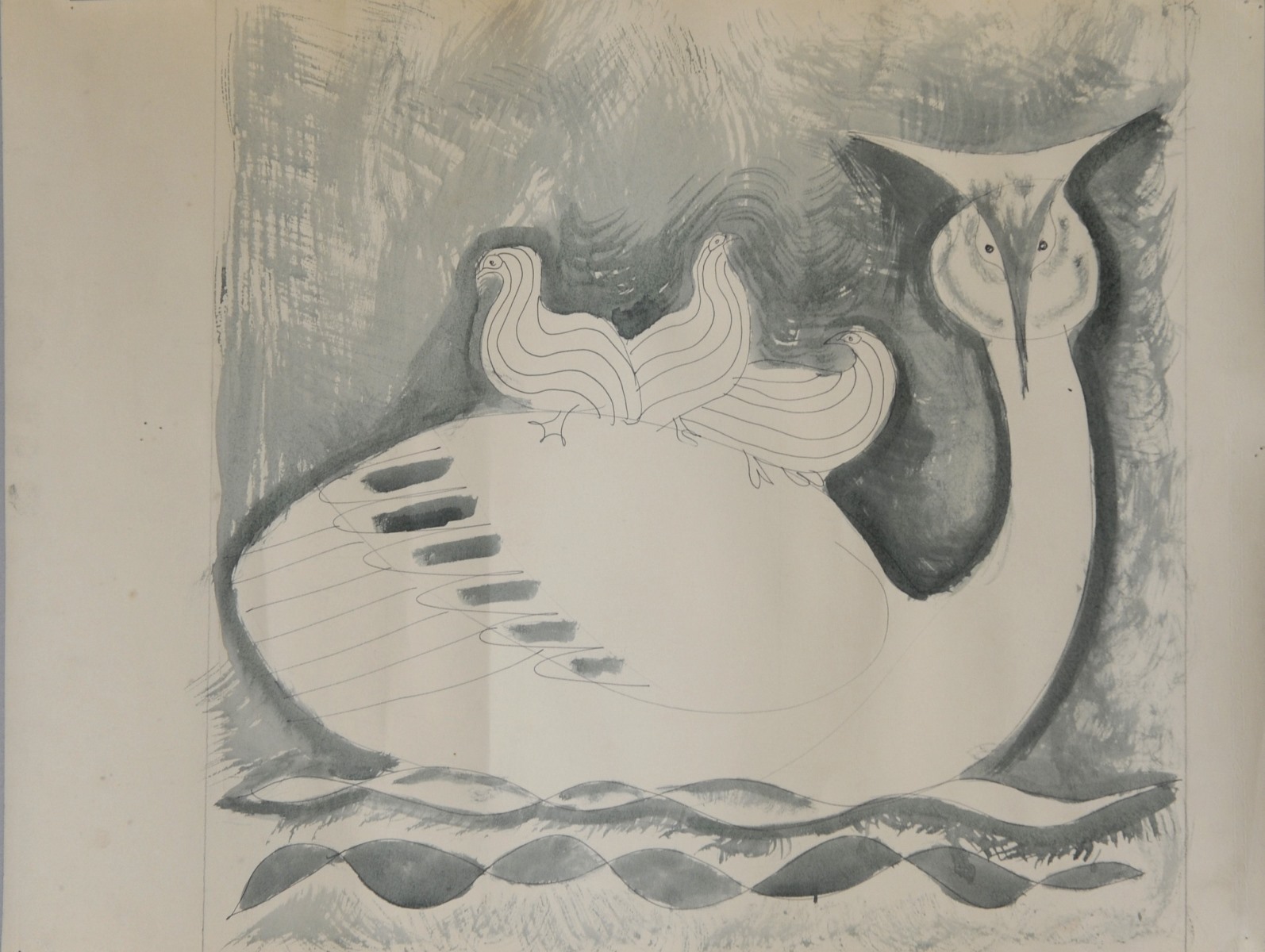 [Cygne avec ses trois cygneaux ], Robert Lesbounit, 2e moitié 20e siècle
