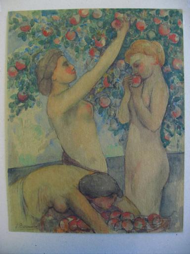 Trois jeunes femmes cueillant des pommes_0