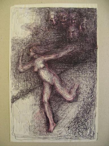 Jeune fille s'enfuyant, devant des visages menaçants_0