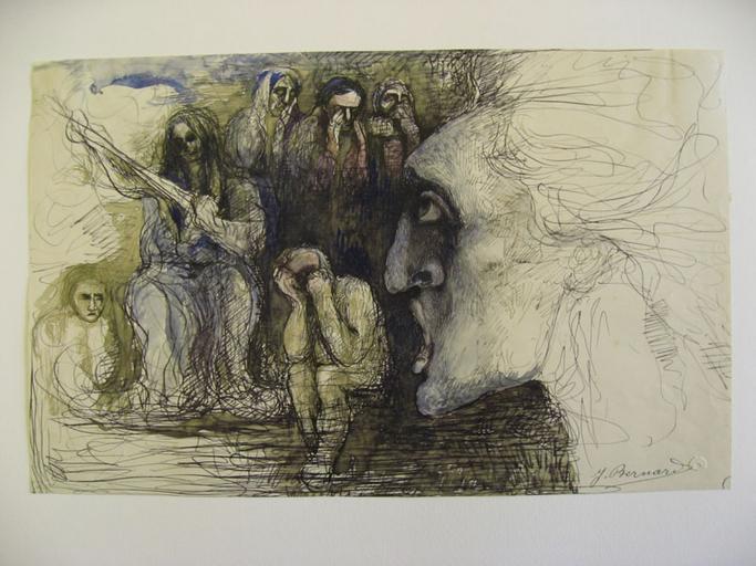 Composition : groupe de personnages, menacés par la tête énorme d'un personnage hurlant_0