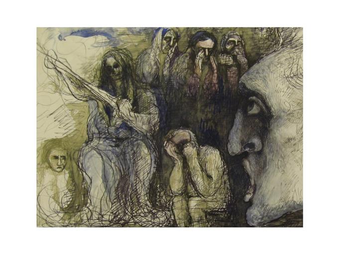 Composition : groupe de personnages, menacés par la tête énorme d'un personnage hurlant_1
