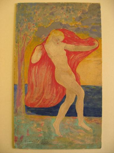 Jeune danseuse tenant une draperie rouge, dans un paysage_0