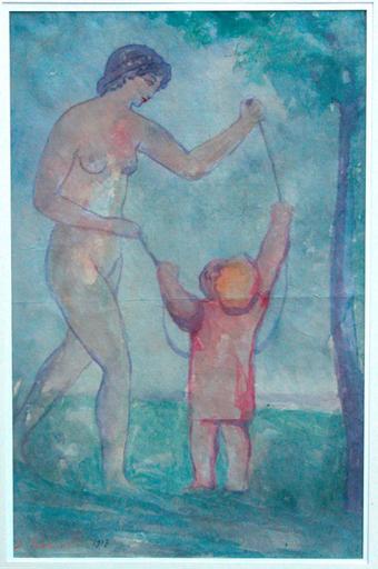 Jeune femme nue, tenant une corde à sauter, avec un jeune enfant, Joseph Antoine Bernard, 1917