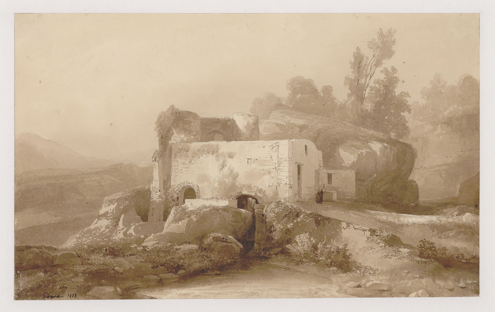 Moulin ; Vue d'Italie. Ruines adossées à un rocher (titre ancien)_0