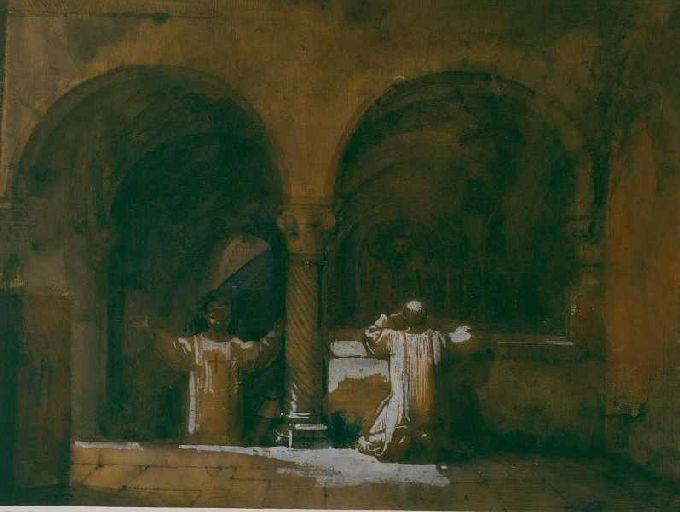 Deux moines dans une chapelle des premiers chrétiens à Rome_0