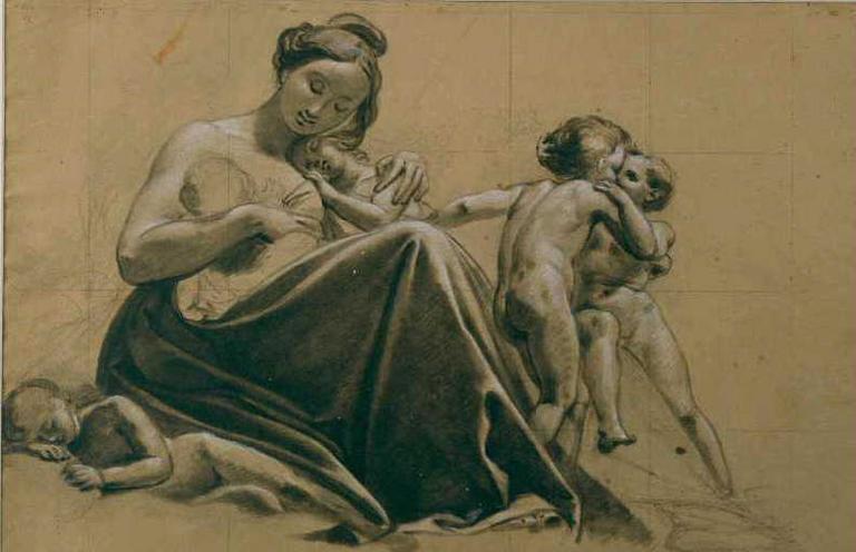 Jeune femme assise entourée de cinq enfants_0