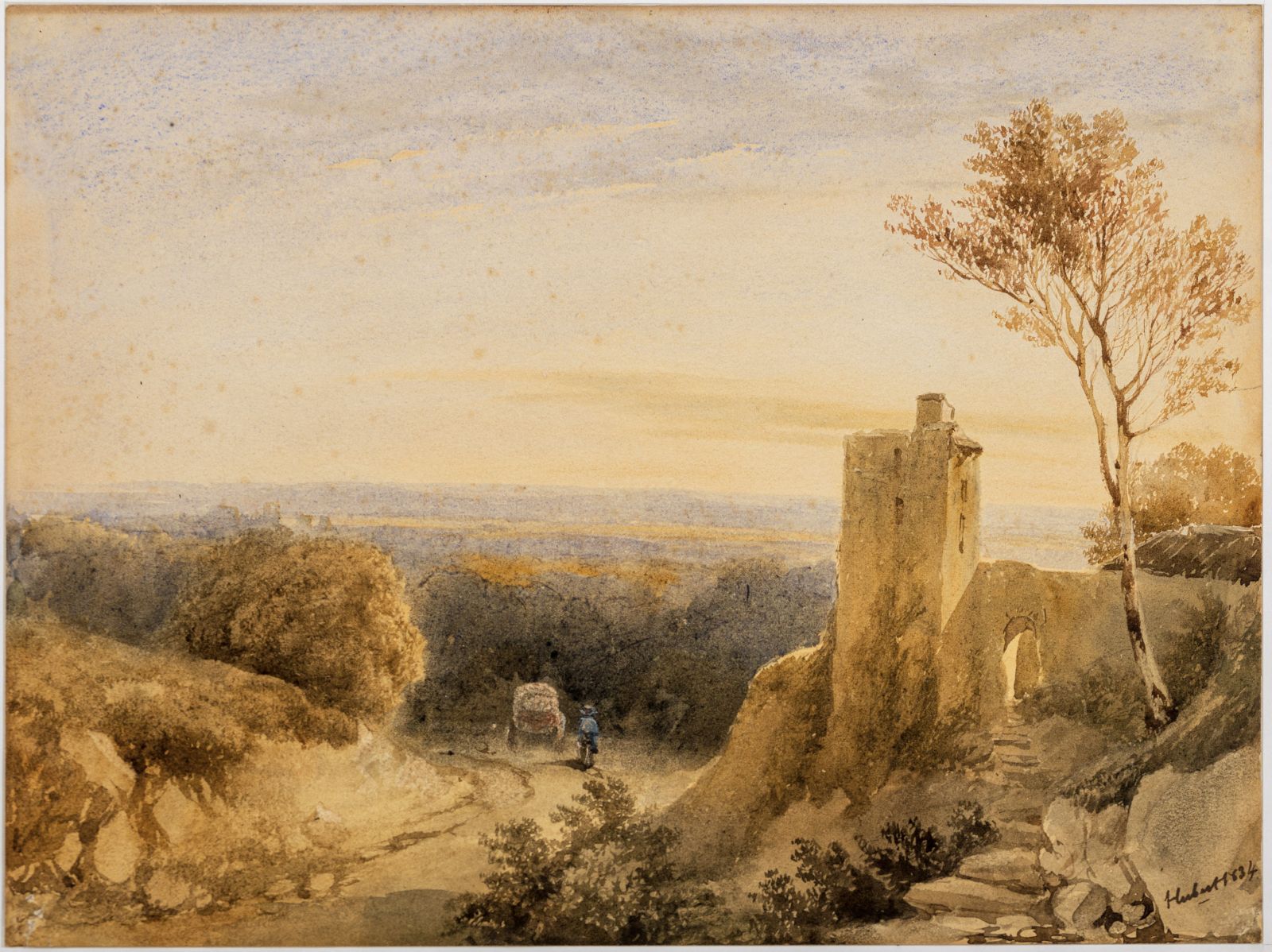 Vue en Dauphiné ; Vue de Dauphiné : ruines au bord d'une route. Effet de soleil couchant (titre ancien)_0