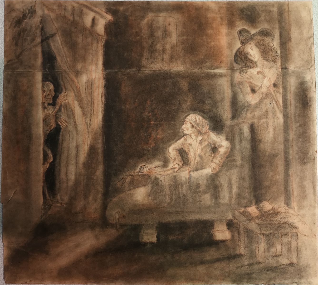 Marat dans sa baignoire regardant la Mort ; Marat dans sa baignoire regarde un squelette. Derrière lui Charlotte Corday (titre ancien)_0