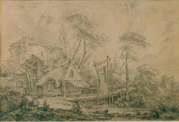 Paysage avec chaumière et pont de bois_0