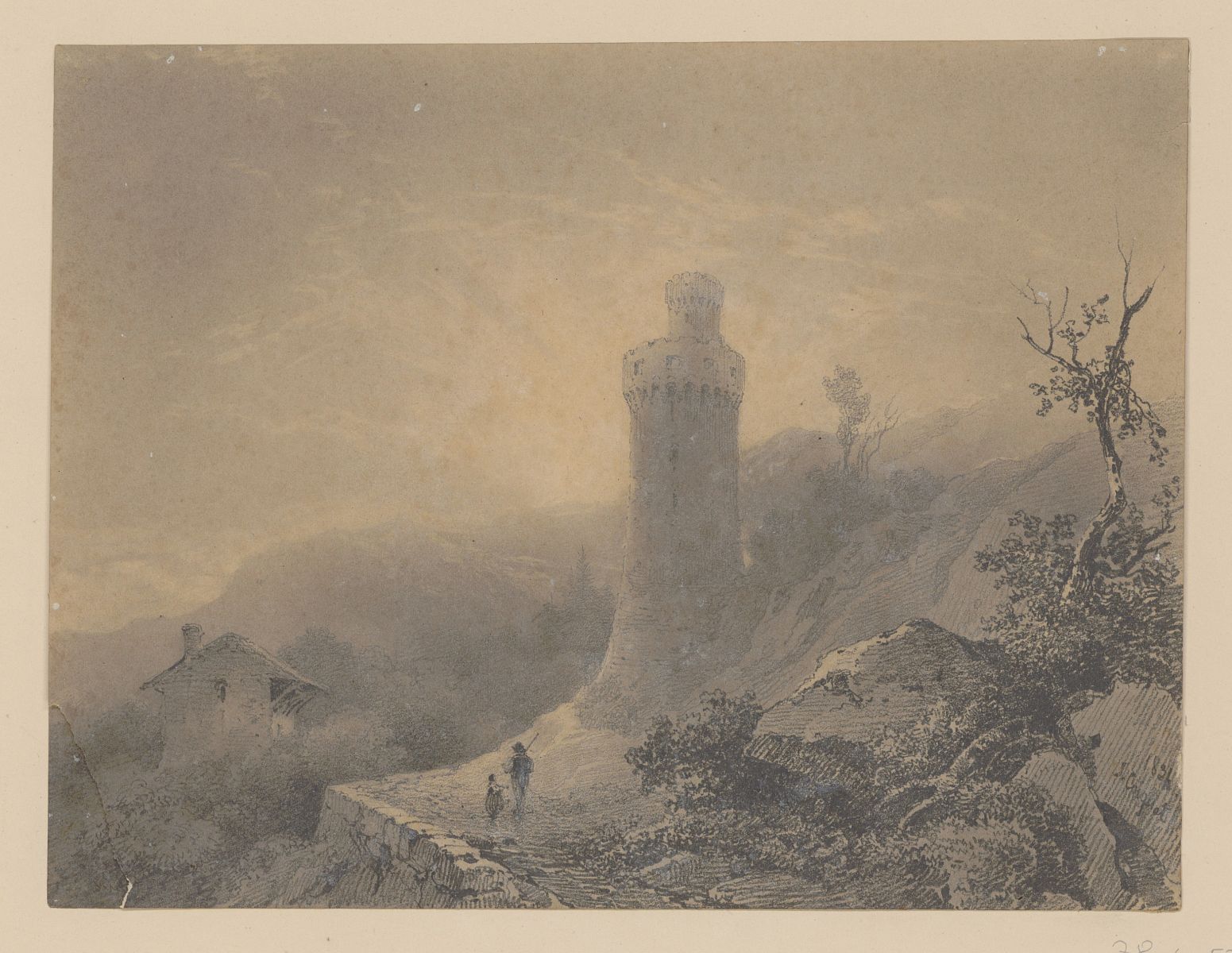 Soleil couchant ; Effet de soleil couchant. Vieille tour, au bord d'une route de montagne (titre ancien)_0