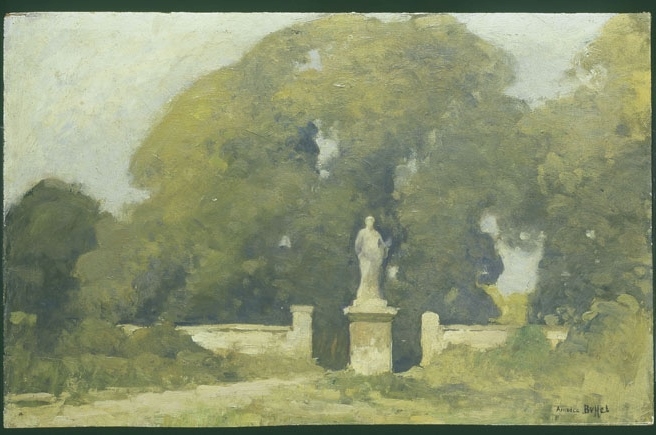Statue et vieille porte du parc de Sceaux (vue de l'intérieur). Statue de Pomone vue des parterres de l'Orangerie, Amédée Buffet, 1e moitié 20e siècle