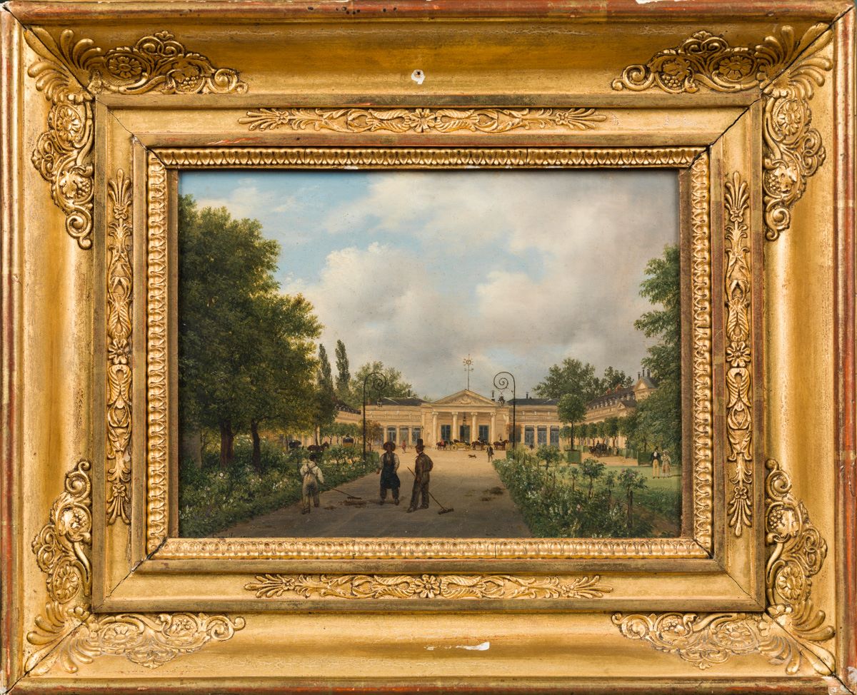 Vue du château de Neuilly avec trois jardiniers au premier plan, Giuseppe Canella, 1827