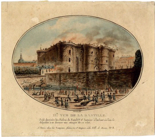 IIe vue de la Bastille (Prise derrière les Fosses du Fauxbrg St Antoine à l'instant où l'on se disposoit à en former une attaque de ce côté.), Jean Henry Alexandre Pernet, 4e quart 18e siècle