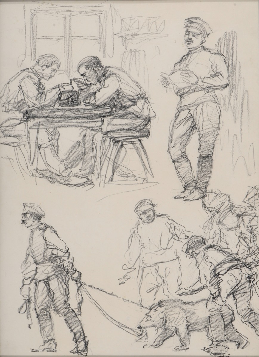 Soldats russes entourant l'ours Michka ; Soldat russe lisant un livre ; Soldat russe mangeant à table, Maurice Joron, 1916