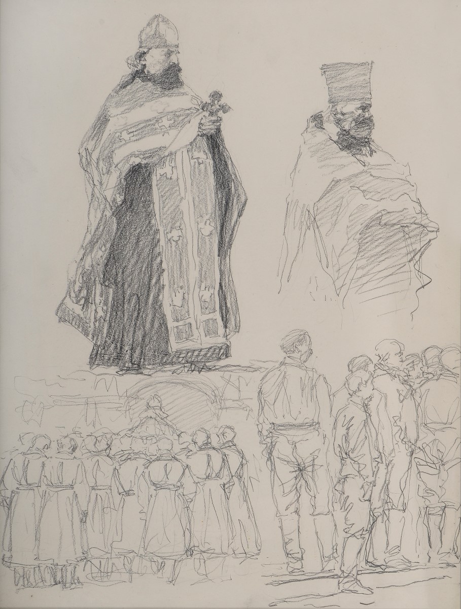 Portrait du père Okouneff ; Soldats russes assistant à une cérémonie religieuse, Maurice Joron, 1916