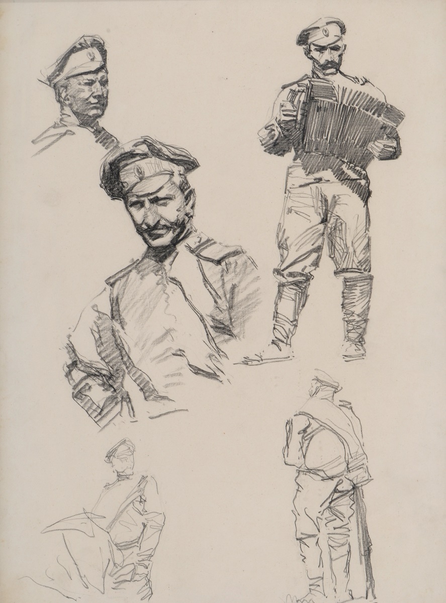 Soldat russe jouant de l'accordéon ; Portraits de soldats russes, Maurice Joron, 1916