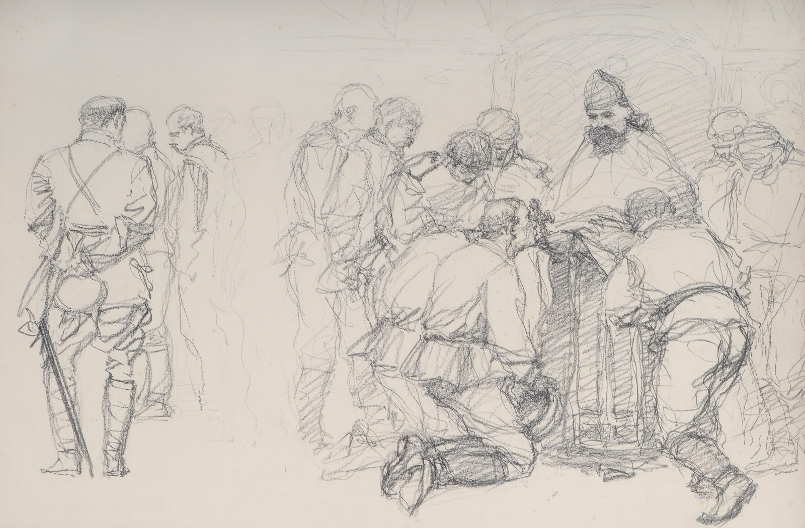 Soldats russes embrassant une croix tenue par le père Okouneff ; Soldats russes assistant à une cérémonie religieuse, Maurice Joron, 1916