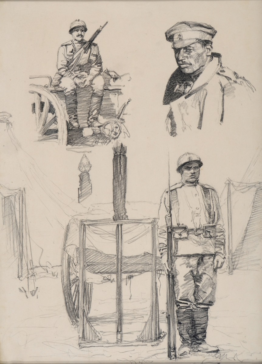 La garde du drapeau du régiment par un soldat russe ; Soldat russe sur un caisson ; Portrait d'un officier russe, Maurice Joron, 1916