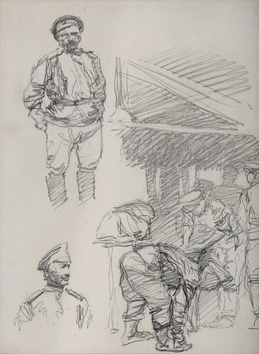 Soldats russes nettoyant leur uniforme ; Portraits de soldats russes, Maurice Joron, 1916