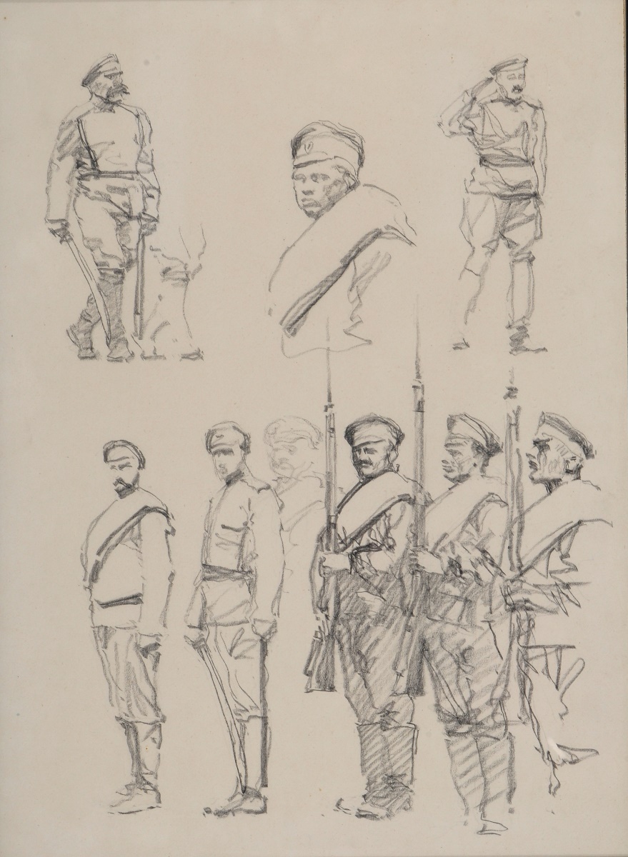Soldats russes au garde-à-vous lors d'une revue militaire, Maurice Joron, 1916