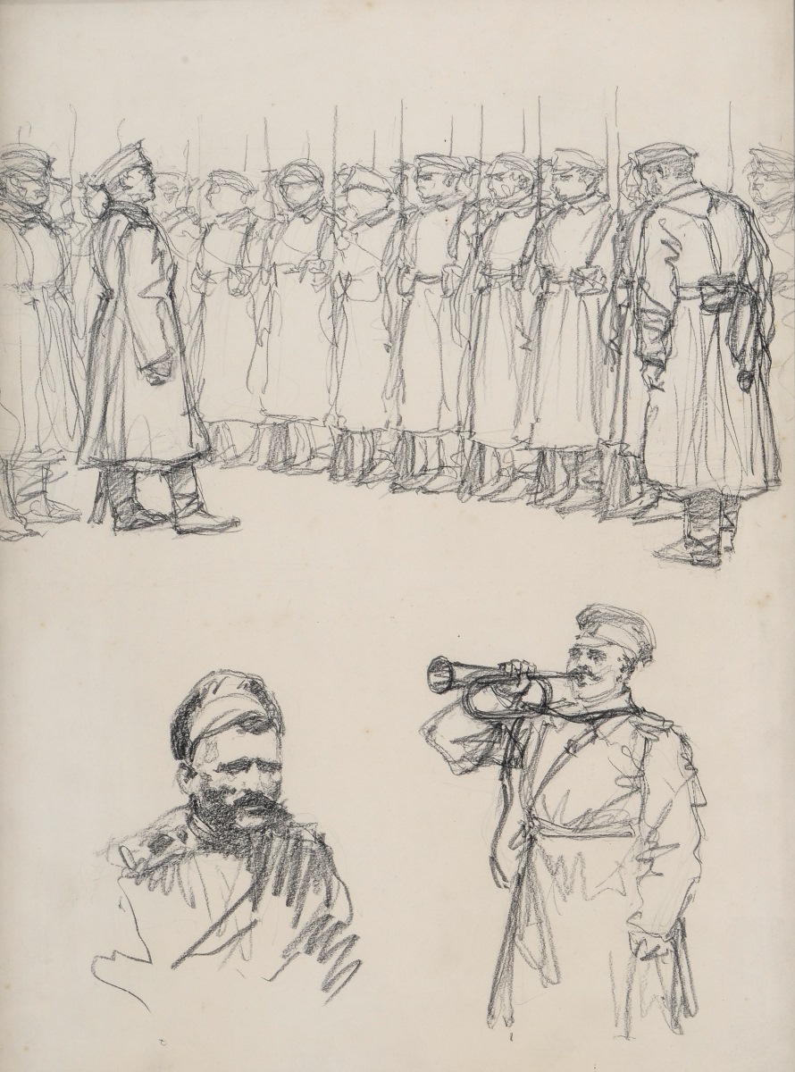 Soldats russes passés en revue par un officier ; Portrait d'un soldat russe ; Soldat russe jouant du clairon, Maurice Joron, 1916