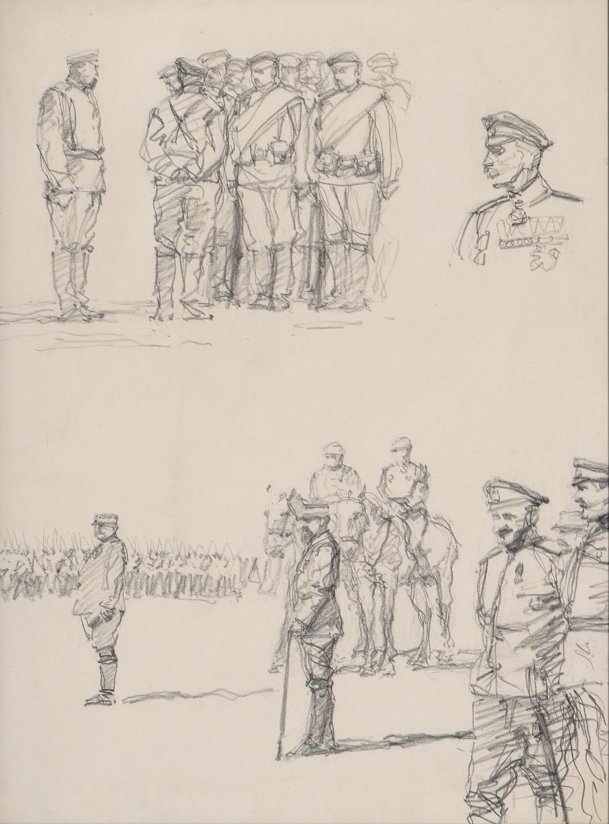 Défilé des troupes russes devant les généraux Joffre et Gouraud au camp de Mailly (20 juin 1916) ; Portrait du général Lokhvitski, Maurice Joron, 1916