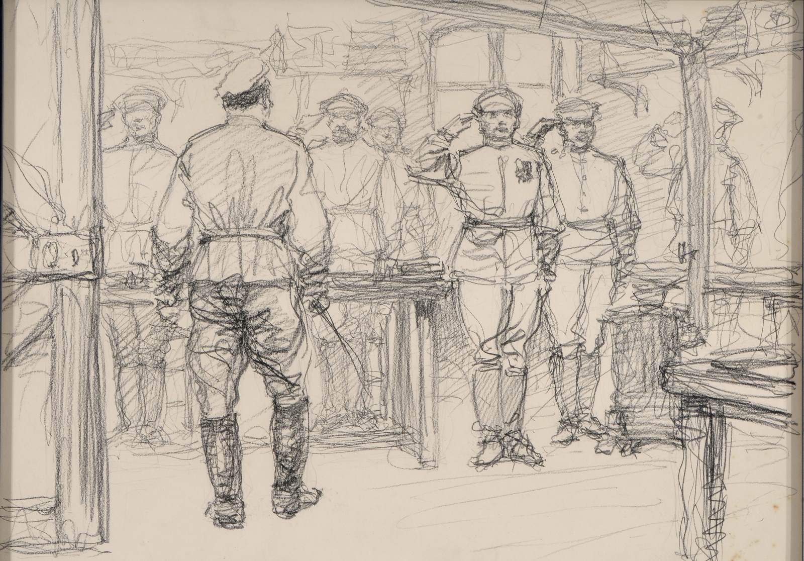 Inspection d'une baraque par un officier, Maurice Joron, 1916