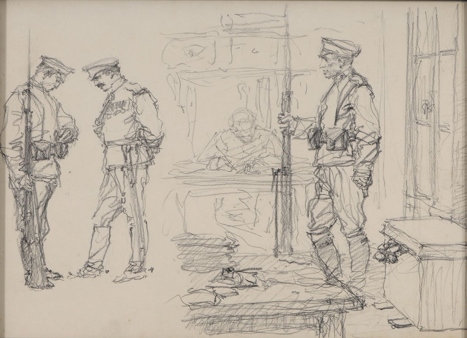 Inspection de la tenue d'un soldat par un officier ; Soldat russe dans une baraque, Maurice Joron, 1916
