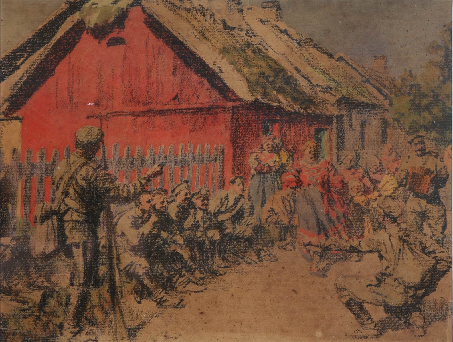 Soldat russe dansant devant un groupe de soldats et de femmes, Maurice Joron