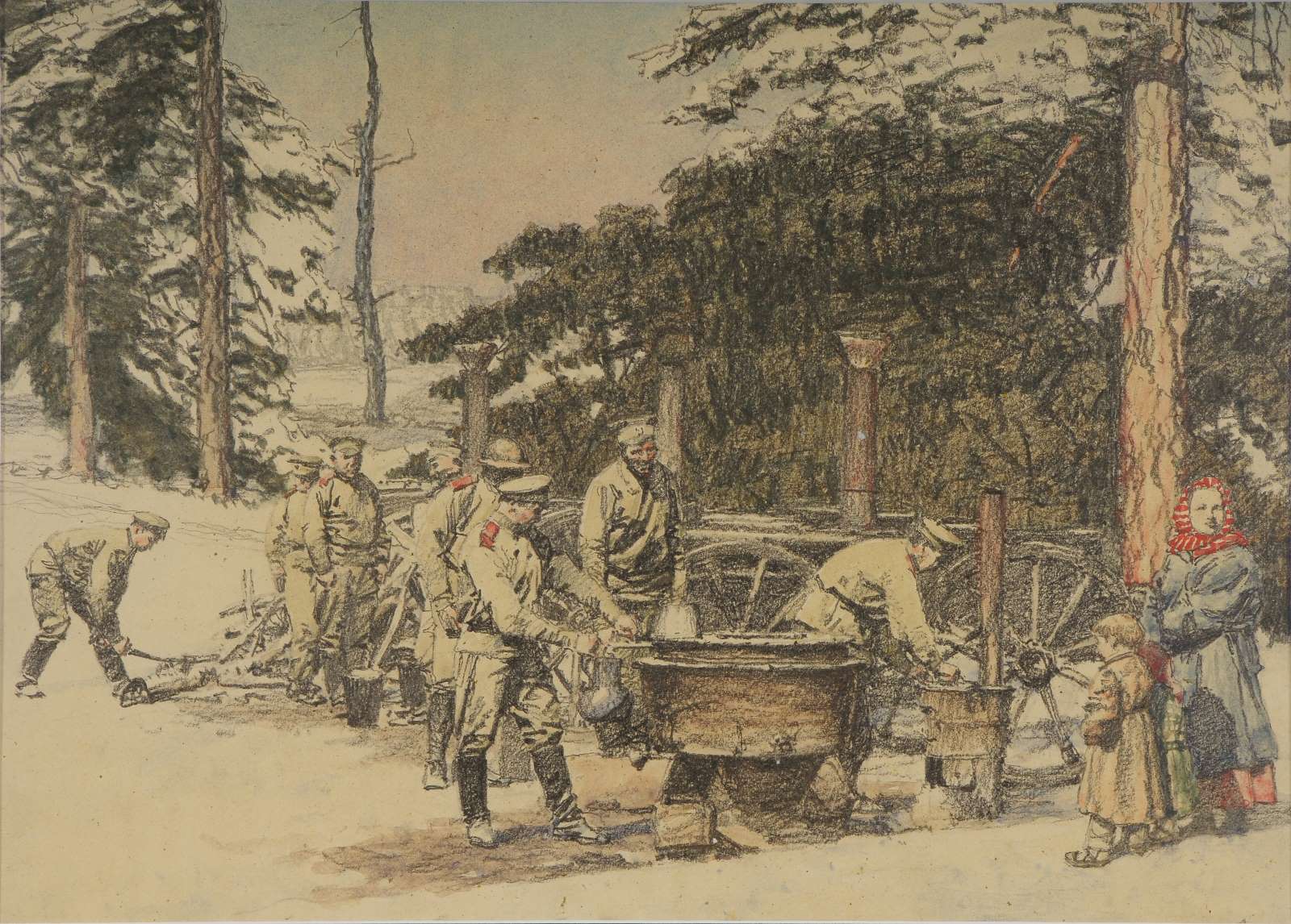 Soldats russes préparant le repas dans une cuisine roulante, Maurice Joron