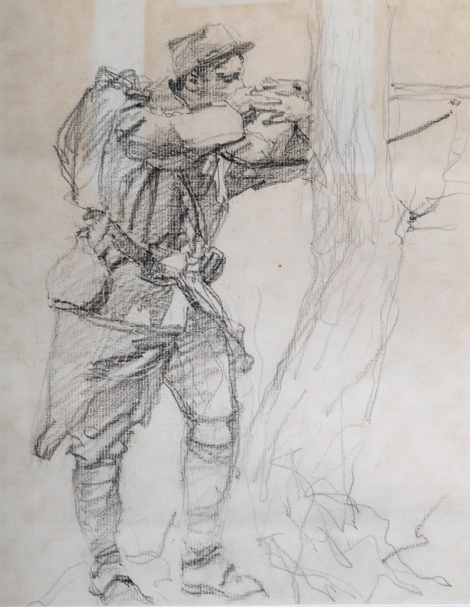 Soldat français en position de tir derrière un arbre, Maurice Joron, 1914