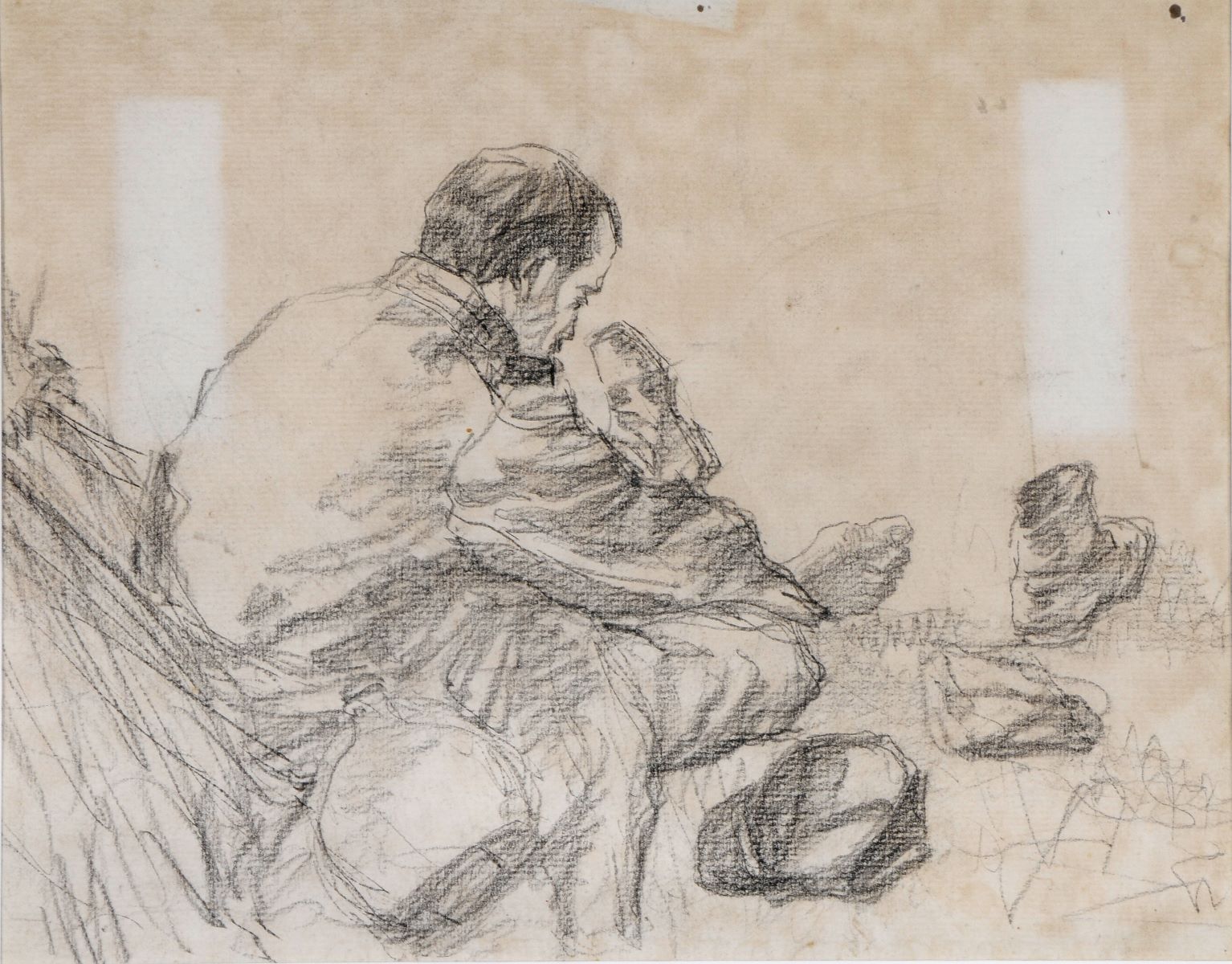 Soldat français assis ayant oté une chaussure, Maurice Joron, 1914