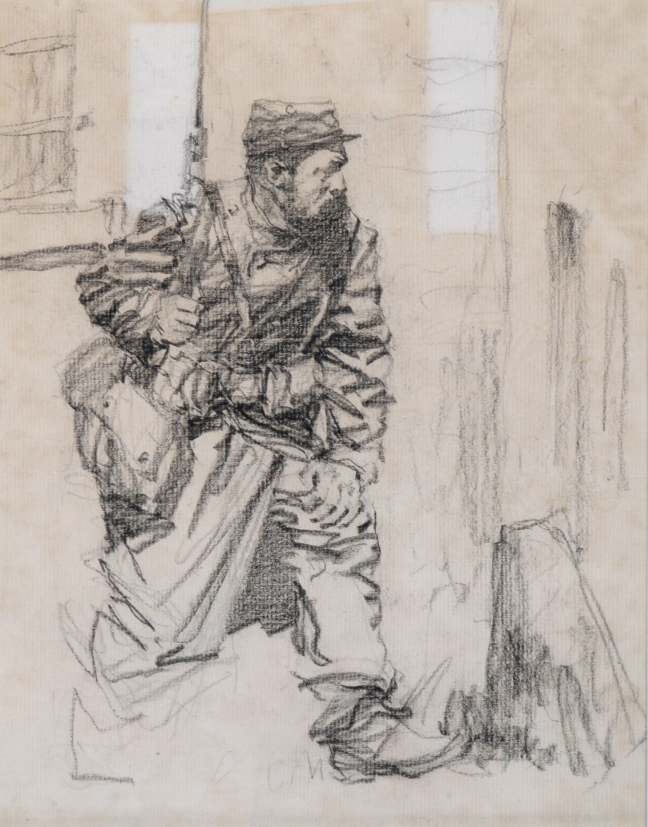 Soldat français en observation au coin d'un bâtiment, Maurice Joron, 1914