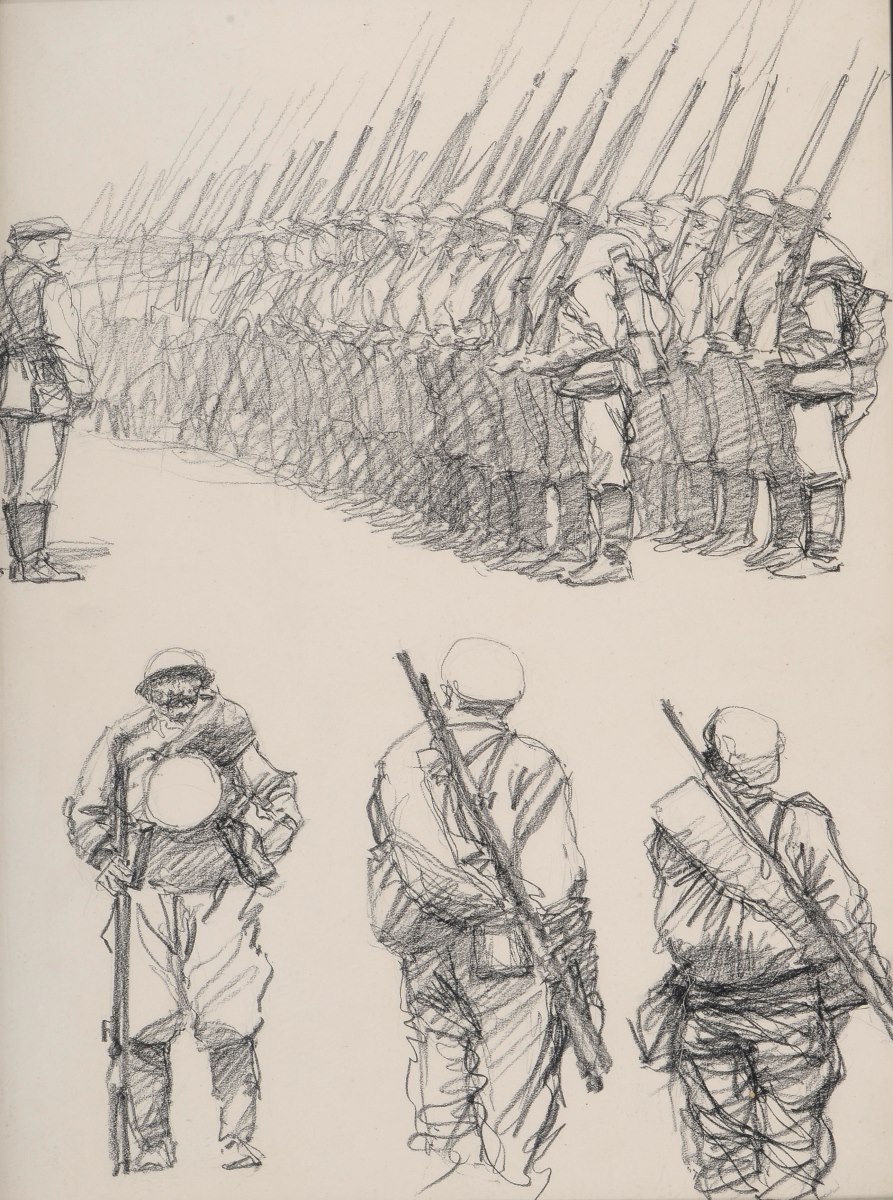 Soldats russes passés en revue par un officier, Maurice Joron, 1916