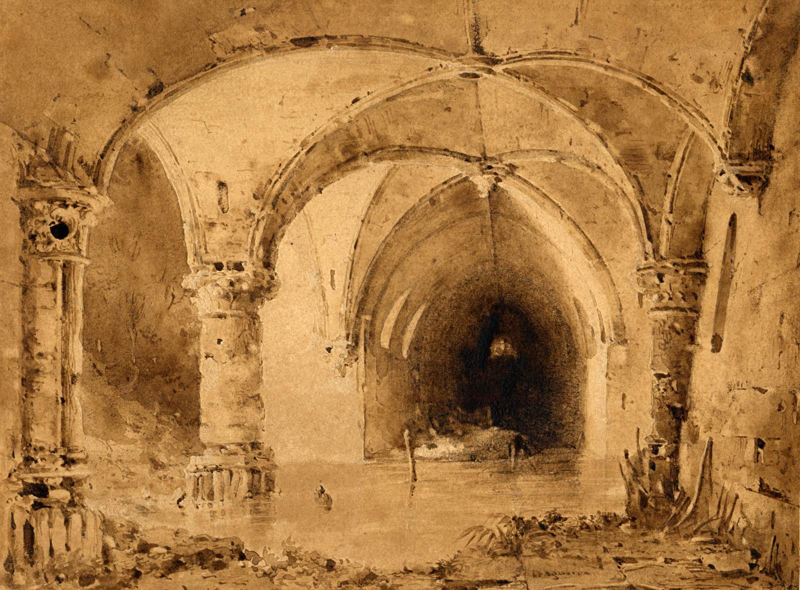 Intérieur d'église en ruine, Louis-Jacques-Mandé Daguerre, 2e quart 19e siècle
