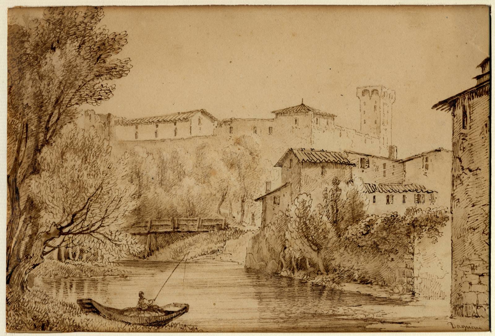 Paysage d'Italie avec un pêcheur, Louis-Jacques-Mandé Daguerre, 2e quart 19e siècle