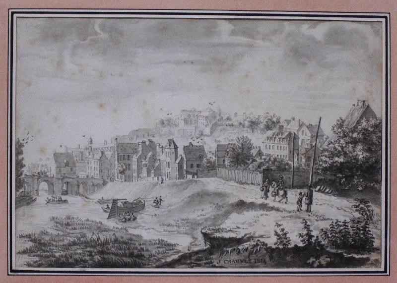 Pontoise, perspective de la ville et du pont vue de la rive droite, Jules Adolphe Chauvet, 1814