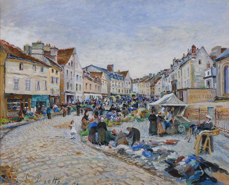 La Place du Petit Martroy à Pontoise, jour du marché ; Le Marché aux légumes (autre titre), Ludovic Piette, 1877